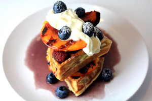 Waffles with Grilled Peaches & Blueberry Maple Syrup