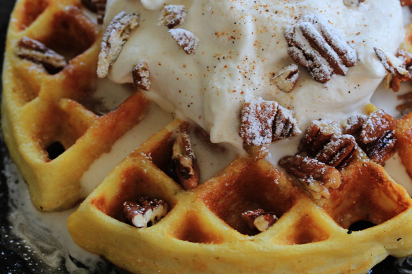Butter Pecan Waffles with Spiced Bourbon Whipped Cream
