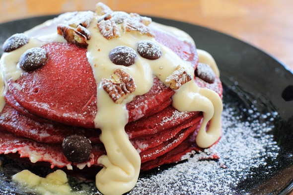 Red Velvet Pancakes with Maple Cream Cheese Glaze