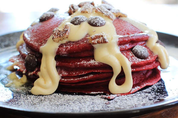 Red Velvet Pancakes with Maple Cream Cheese Glaze