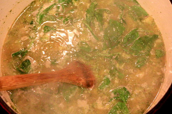 add the other liquids and the spinach and cook until wilted, about a minute.