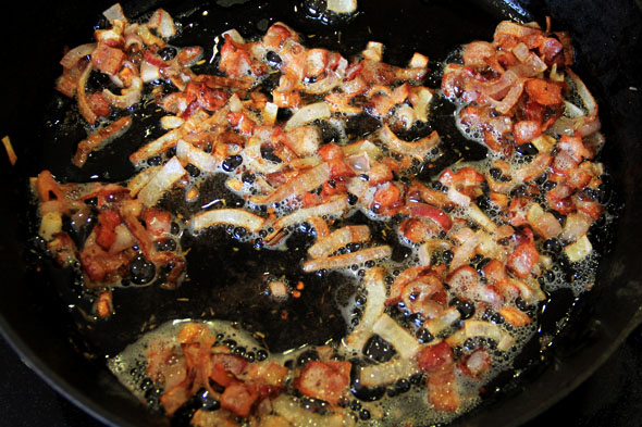 Once the bacon is crisp and golden, remove everything from the skillet with a slotted spoon. Set aside.