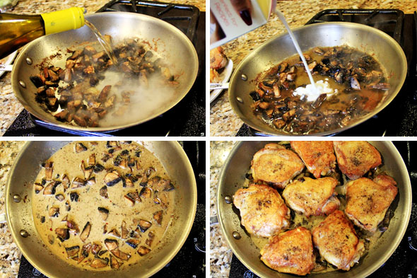 Off heat, add the white wine. Using a wooden spoon, stir any browned bits stuck on the bottom into the wine and mushroom mixture. This is flavor! Add a splash of heavy cream or half and half. Season the sauce with salt, pepper, and dried thyme. Once it tastes good to you, place the chicken back into the skillet.