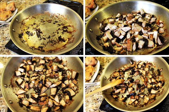 Meanwhile, reduce the heat to medium, and add the mushrooms. Do not add any more oil/fat to the pan. Let the mushrooms dry-roast and develop a good color on their own. They will soak up any browned bits on the bottom of the pan. Do not add salt to the mushrooms, we don't want them to release any liquid and become mushy. After about 4 or 5 minutes, the mushrooms should have a nice color to them.