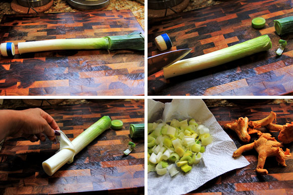 To prep your leeks, cut off the base and the dark green head. We only want to eat the light green and white parts. Score the outermost layer of the leek and peel off, it's usually bruised and beat to hell. We don't need it. Cut the leek in half, lengthwise then cut into thin strips. Wash thoroughly! Leeks have lots of natural sand lodged in between their layers. Rinse under cold water thoroughly, separating the leeks with your fingers. Alternately, you could soak the leeks into a bowl of cold water and let the sand/dirt fall to the bottom. Rinse and pat dry.