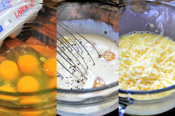 Meanwhile, whisk 6 large eggs in a bowl. Add the cream, salt, pepper, butter and mix thoroughly. Add the cheese last and gently fold that in. Don't overbeat your eggs, it'll overwork the proteins and give you rubbery eggs. 