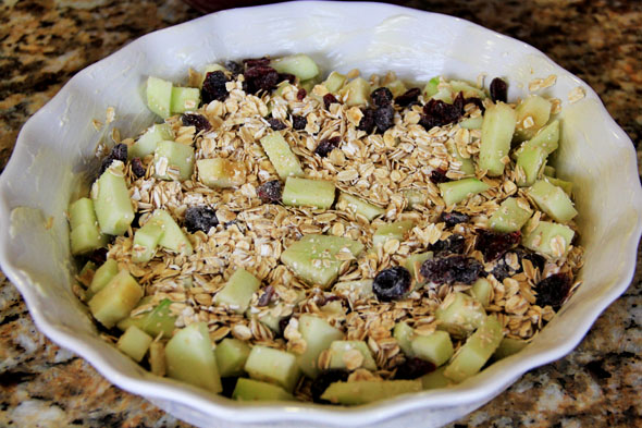 Pour the oat/apple mixture into the baking dish.