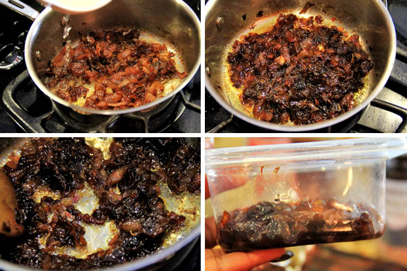 1) They're really starting to concentrate and caramelize. Add another 2tbsp of water, stir and cook another 8 minutes. 2) Here's what they're lookin like so far. Continue cooking for another 5-8 minutes until the shallots have gotten thick and sticky, like this.. 4) Using a slotted spoon, scoop the caramelized shallots up, leaving the butter and oil behind and store in a small airtight container in the fridge until ready to use. This can be made several days ahead.