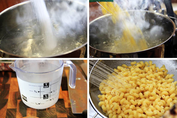 Meanwhile, salt your pasta water. Add the pasta and boil for about 5 minutes. reserve about a cup of starchy pasta water and set aside. Rinse the pasta in a colander under cool water for about 30 seconds to stop the cooking process. Set aside.