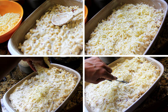 Add half of the mac and cheese to the baking dish. With your fingers, combine the provolone and mozzarella and sprinkle half of the cheese over the first layer. Pour the other half of the mac and cheese on top, spread it all over, then add the remaining half of cheese. Use a spoon to swirl thru and gently combine. If your mixture is getting thick and gloopy, add a little of the reserved pasta water. 