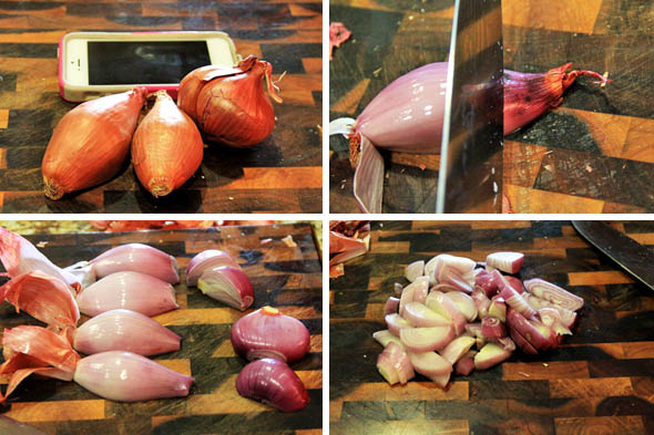 1) 3 large shallots, sizes compared to the iPhone 5 lol. 2) Slice each shallot in half, lengthwise. Cut the tips off and peel back the first dirty layer. 3) Like so. 4) give the shallots a medium-slice, like so.