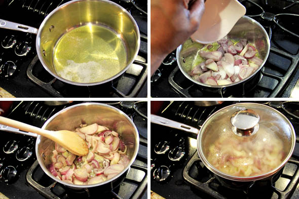1) Heat 1 tbsp olive oil and 1 tbsp butter over medium-low heat. 2) add the shallots and sugar. 3) stir to combine. 4) Cover and allow the shallots to begin cooking down, about 8 minutes.