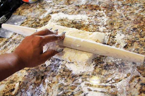 Keep rolling and turning the dough as needed until it's in a rectangle.