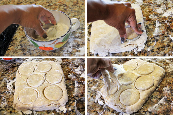 Dip your biscuit cutter into flour and stamp your first biscuit. Don't lift the biscuit out of the dough, let it sit there. Dip your biscuit cutter for EACH biscuit you cut. Stamp down, do not twist at the base -- you'll close the edges of the biscuits and they won't rise. Lift the unstamped dough up away from the cut biscuits.