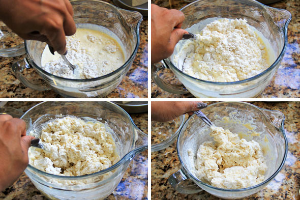 Gently combine the flour mixture and buttermilk mixture together with a spoon, until you get a craggly texture...