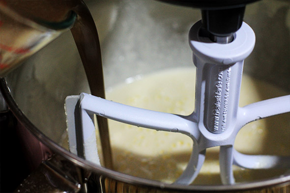 pour the buttermilk mixture into the egg/sugar mixture.