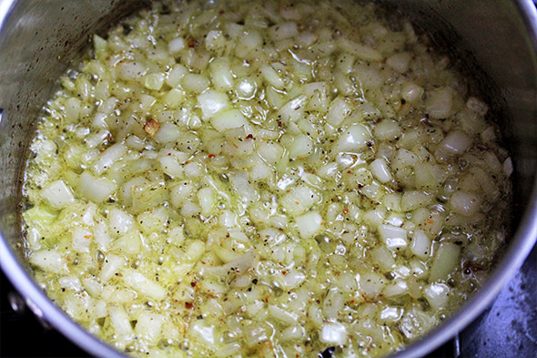 let the onions soften and become translucent. this takes about 5 to 8 minutes.