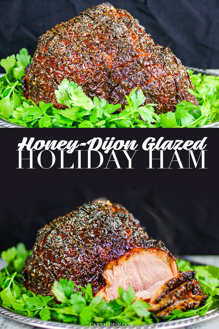 A beautiful tender and juicy honey-dijon glazed ham, perfect as the centerpiece for your holiday dinner. Sponsored by Frick\'s Meats. | #itsfrickingood #fricksmeats #fricks #holidayham #honeydijonglazedham #buttportionham #thebestholidayham #carnaldish #ham