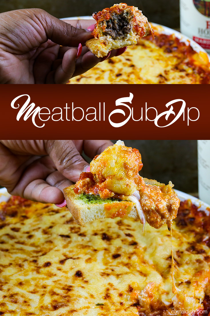 Cheesy, gooey, CRAZY DELICIOUS meatball sub dip, perfect for your next party or game-day gathering. This stuff is SO DAMN GOOD! You just have to try it to find out. | CarnalDish #carnaldish #meatballsubdip #meatballdip #meatballs #appetizers #gameday #cheesyappetizers