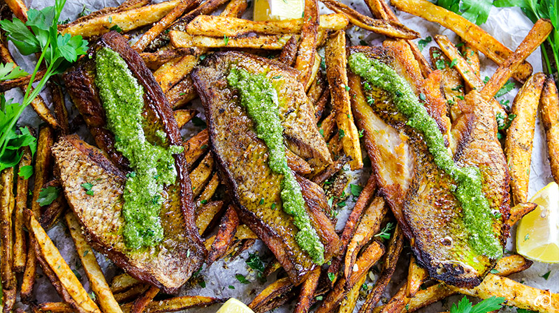 Pesto Red Snapper with Baked Parmesan Fries