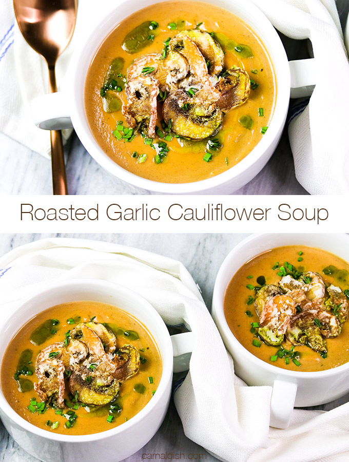 I swear this is the best cauliflower soup ever. It's flavor is so intense because we seriously roast the cauliflower with large cloves of garlic until it's caramelized and toasty. The dark bits add so much flavor. We don't skimp on the salt prior to roasting. This soup is topped with meaty fried crimini mushrooms that send it over the edge. SO GOOD! | #carnaldish #soups #soup #cauliflowersoup #roastedveggies #roastedcauliflower
