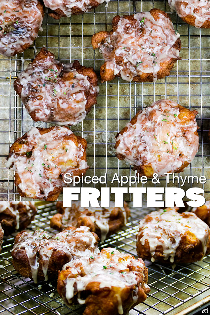 The most delicious and easy apple fritter recipe ever. Tender, perfectly fried fritters studded with tart apples, warm spice, fresh thyme, glazed to perfection and topped with more fresh thyme and coarse sea salt. This one will become a repeat in your house | #carnaldish #applefritters #spicedapplethymefritters #spicedapplefritters #easyapplerecipes #desserts #donuts #frieddesserts #breakfast #brunch
