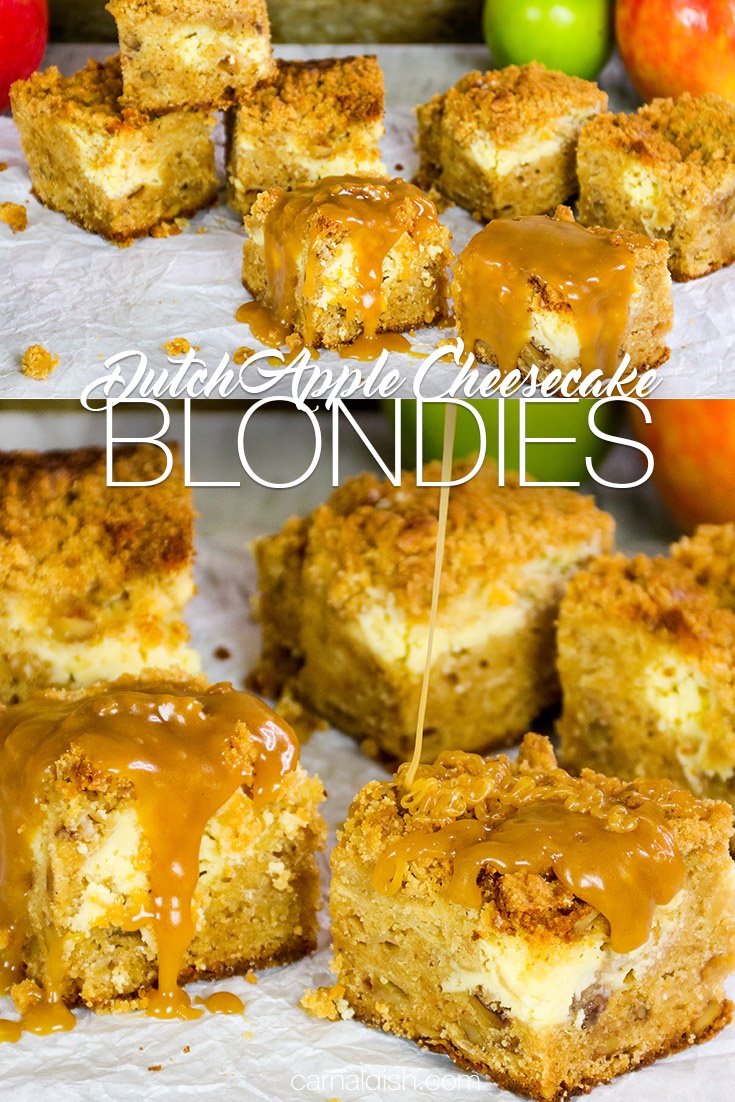 Dutch Apple Pie meets Cheesecake Blondie! Drizzled with a rich and luscious apple cider caramel and sprinkled with sea salt, this is the most perfect dessert in the world! Buttery, gooey, rich, creamy, crunchy topping. You\'ll make these over and over again, I swear. #caramel #saltedcidercaramel #dutchapplepie #dutchapplecheesecakeblondies #dutchapplepieblondies #applepieblondies #blondies #applewalnutblondies #desserts #recipes #carnaldish #cheesecakeblondies