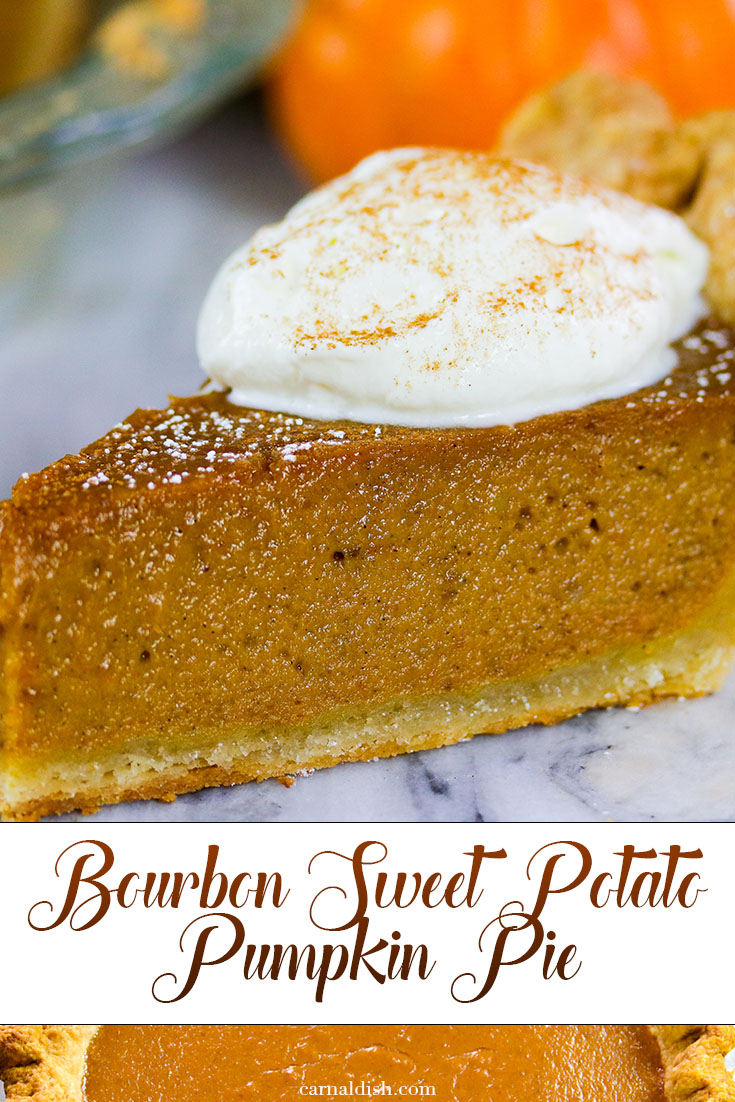 The best of both pie worlds. Sweet potato meets Pumpkin at a bar, and the two share a shot of bourbon for this incredibly delicious holiday pie, sure to be a staple. Made with an all butter buttermilk crust, and speckled with juicy vanilla beans. So good. | #bestpies #dessert #pies #pumpkinpie #sweetpotatopie #sweetpotatopumpkinpie #bourbonsweetpotatopie #carnaldish #thanksgivingdesserts #thanksgivingsweets #falldesserts #pumpkinseason #pumpkinspice