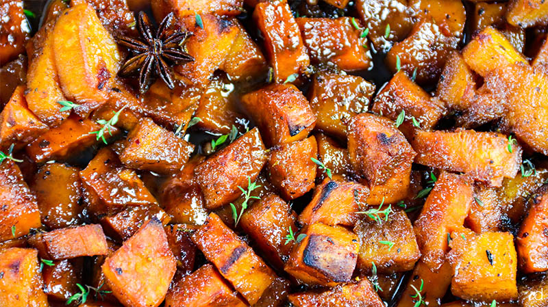 Roasted Sweet Potatoes with Savory Cider Caramel
