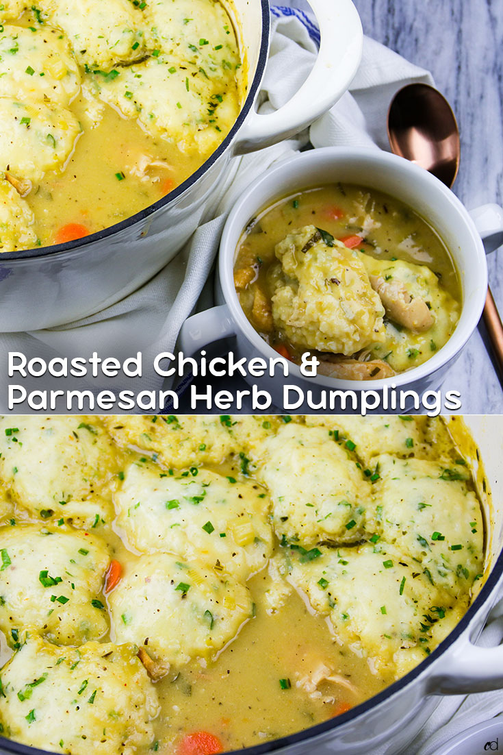 The most intensely flavored chicken and dumplings recipe ever. Richly enhanced with simple shortcuts to maximize flavor and reduce time. Fluffy cheesy herb dumplings float on top of this perfect soup. You will fall in love with this hug in a bowl. | #carnaldish #chickenanddumplings #dumplings #roastedchicken #roastedchickenanddumplings #fallsoups #stews #southernclassics #sundaydinner #comfortfood