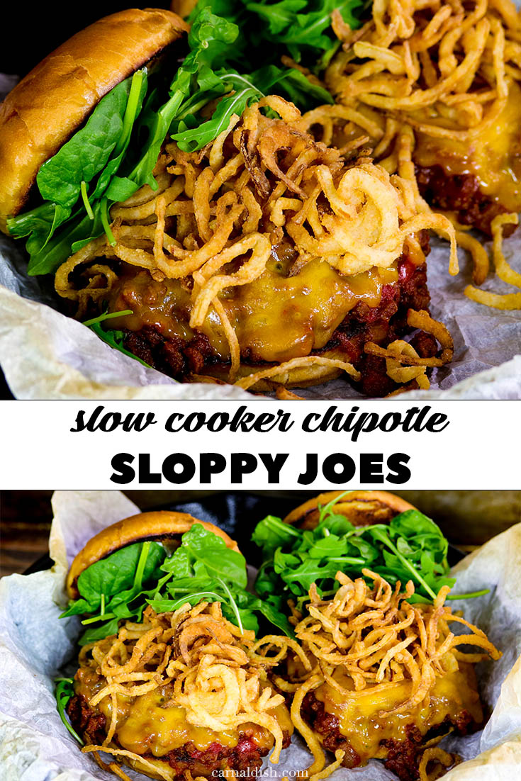 The best slow cooker sloppy joes EVER! Seasoned beautifully with smoky chipotle peppers, brown sugar, chili sauce, and balsamic vinegar. Topped with crispy fried onions, baby greens, and gooey cheese on buttered brioche buns. Crazy delicious | #carnaldish #sloppyjoes #slowcookersloppyjoes #slowcooker #crockpotsloppyjoes #crockpotmeals #chipotlesloppyjoes #bigsandwiches #gamedayfood