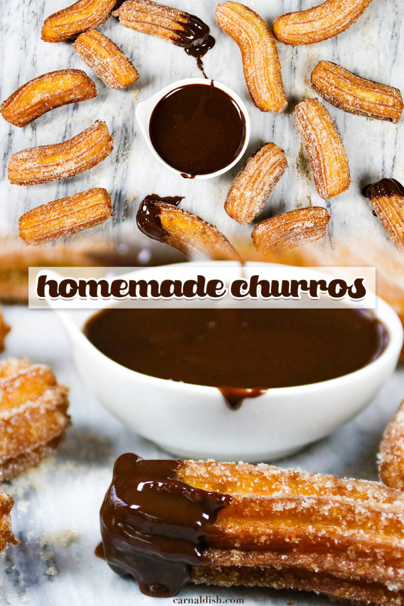 Authentic homemade Mexican churros with chocolate ganache dipping sauce | #carnaldish #churros #homemadechurros #authenticchurros #howtomakechurros #mexicandonuts #friedsweets #desserts #sweets #donuts