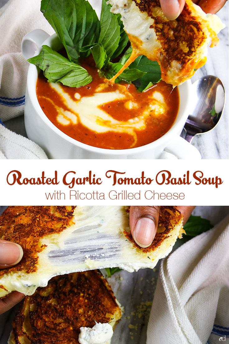Roasted organic tomatoes with garlic, shallots, and fresh basil pureed into a delicious vegetarian soup and dolloped with sweet onion cream. Served with a parmigiano crusted ricotta grilled cheese | #carnaldish #vegetariansoup #vegetariantomatosoup #tomatosoup #roastedtomatosoup #roastedtomatobasilsoup #soups #ricottagrilledcheese #grilledcheese