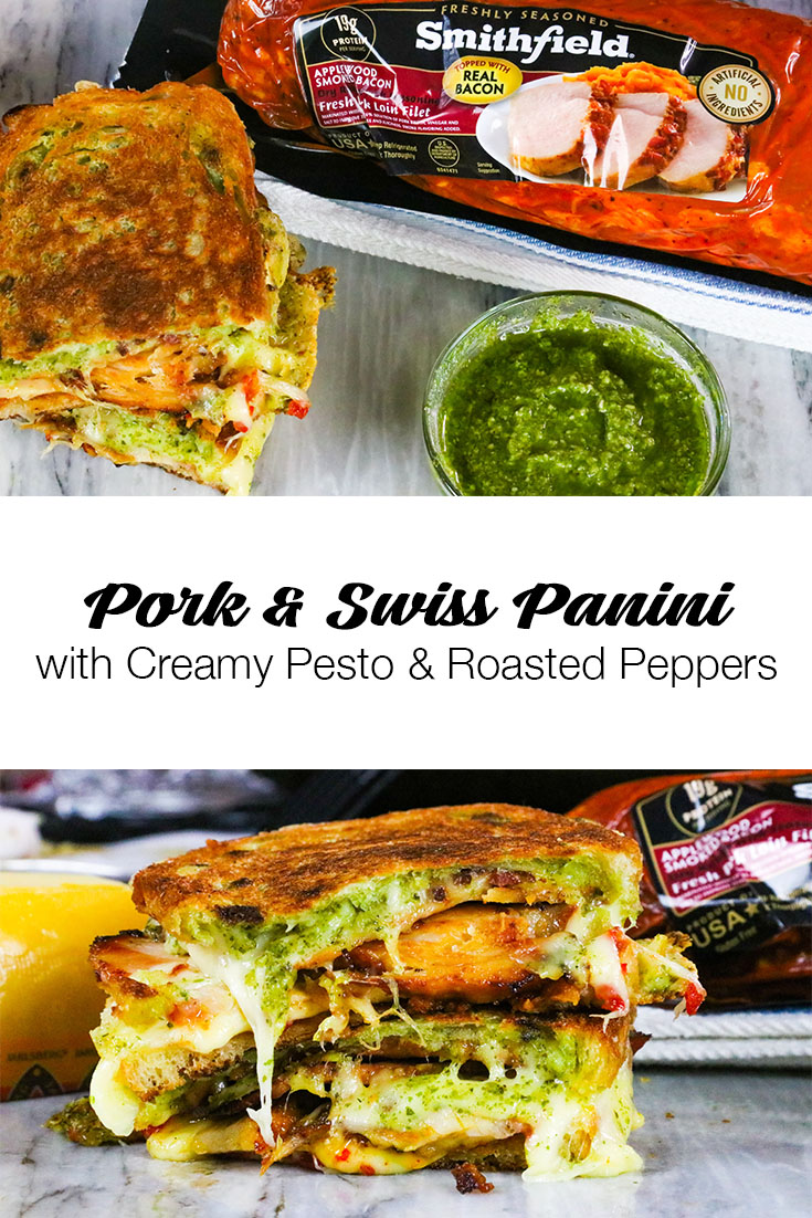AD Pork and Swiss Panini with Creamy Pesto and Roasted Peppers featuring Smithfield Marinated Fresh Pork | Try this incredibly gooey, smoky pork loin panini with bits of caramelized bacon, melty Jarlsberg swiss, creamy basil pesto, and sweet and spicy roasted red pepper jam. #VirginiaPork