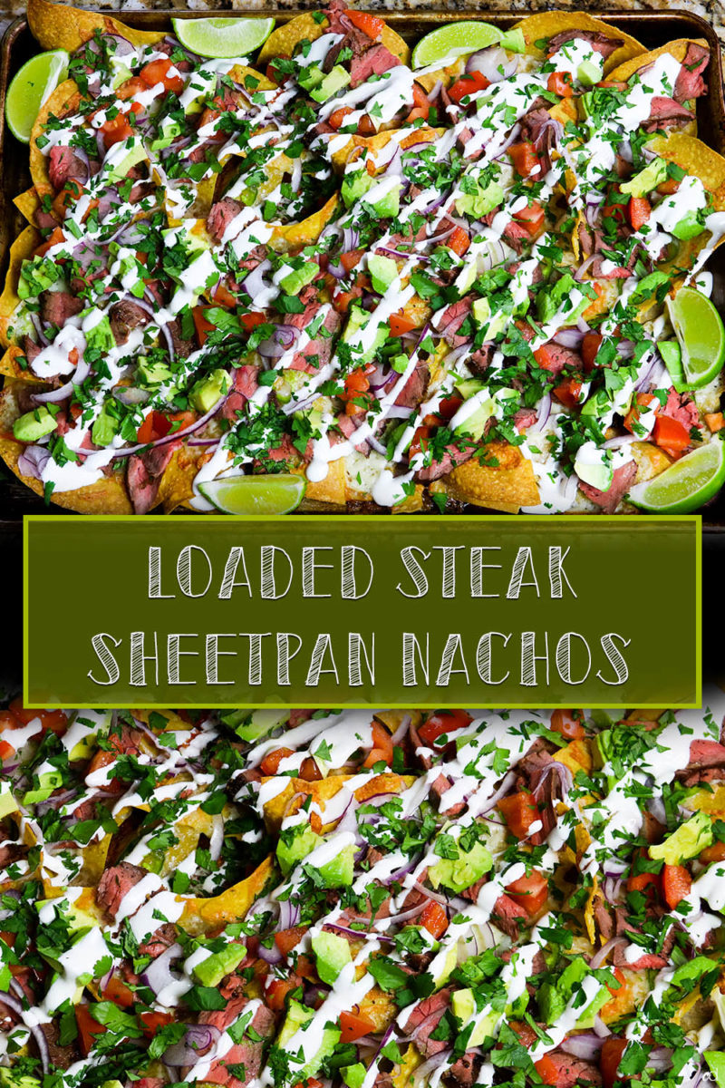 Super fast, easy loaded flank steak sheet pan nachos. You can sous vide the flank steak or sear it on the stove. Layered with melty monterey jack cheese, spicy jalapeños, cool sour cream, fresh cilantro, onions and fresh tomato. Add beans and hot sauce! So delicious, and enjoyably messy. #sheetpannachos #nachos #loadedsheetpannachos #carnaldish