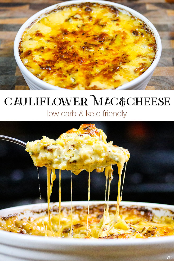 An incredibly gooey, cheesy cauliflower mac and cheese that\'s low carb and keto friendly. Richly flavored and utterly delicious, you\'ll feel like you\'re cheating on your diet. #carnaldish #cauliflowermacandcheese #lowcarbmacandcheese #lowcarb #keto #ketorecipes #ketodiet #ketogenic #ketocomfortfoods #bestcauliflowermacandcheese