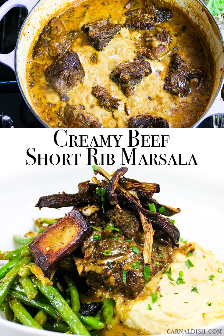 Succulent beef short ribs falling apart in a creamy, decadent marsala wine sauce. Loaded with tons of meaty mushrooms and aromatics, this is an insanely rich and comforting Keto-friendly meal. #carnaldish #ketoshortribs #ketofriendly #ketodiet #ketogenic #marsalashortribs #shortribmarsala #braising #beefshortribs #shortribs #marsala #mushrooms #shortribketo