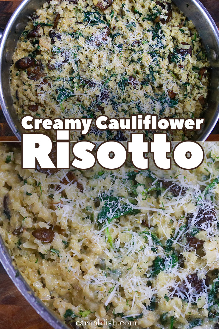 How to make deliciously rich and creamy cauliflower risotto for your low carb keto diet. Flavored to the heavens, this will become a favorite in your household. #ketorecipes #ketodiet #keto #ketorisotto #ketocauliflowerrisotto #cauliflowerrisotto #lowcarbrisotto #creamycauliflowerrisotto #carnaldish