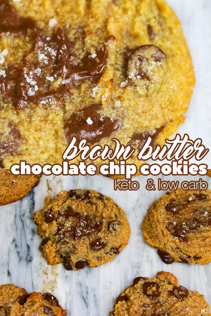The softest, gooiest, moistest brown butter chocolate chip cookies that are completely keto, low carb and sugar-free! But they don\'t taste like it at all, they taste like you\'re cheating on your diet. So soft and moist, the brown butter lends wonderful notes of toffee and they smell insanely good. #ketochocolatechipcookies #ketobrownbutterchocolatechipcookies #bestketochocolatechipcookies #ketodesserts #ketotreats #ketodiet #ketofriendly #lowcarbchocolatechipcookies #lowcarbdesserts