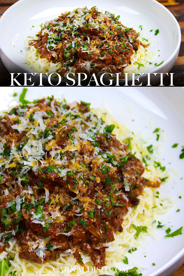 The very best keto spaghetti recipe! Totally low carb and healthy. Bright basil pesto and meaty hen of the woods mushrooms infused in this beefy tomato based meat sauce. #keto #ketospaghetti #ketorecipes #lowcarbspaghetti #shiratakinoodles #shiratakispaghetti #spaghetti #homemadespaghettisauce #spaghettisauce #italianrecipes #carnaldish