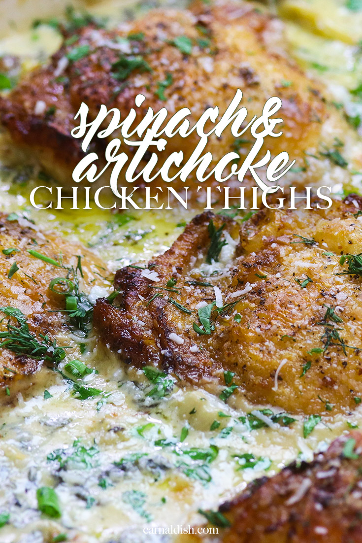 Crispy-skinned juicy chicken thighs, swimming in a creamy, cheesy spinach and artichoke sauce. Perfectly decadent and keto-friendly. Low carb and delicious! #spinachartichokechickenthighs #lowcarbchickenthighs #ketofriendlychickendishes #ketospinachartichokechickenthighs #keto #lowcarb #carnaldish