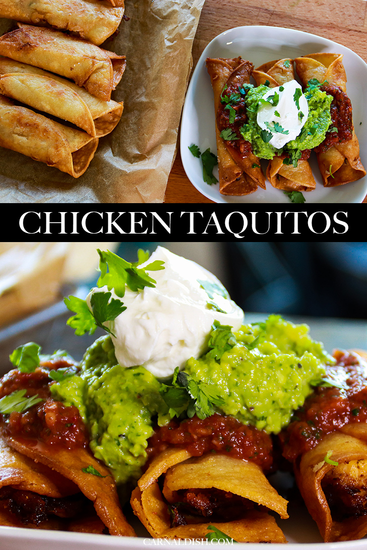 Crispy, super flavorful chicken taquitos with homemade chipotle salsa using tomatoes from the pantry! It\'s the best salsa ever. Also a great guacamole recipe included. If you love rolled tacos, taquitos, flats (whatever you call them), you\'re going to love this recipe. Super easy and delicious! #carnaldish #taquitosrecipe #chickentaquitos #chickentaquitosrecipe #pantrysalsa #chipotlesalsa #salsarecipe #guacamolerecipe #friedtacorecipe #rolledtacosrecipe