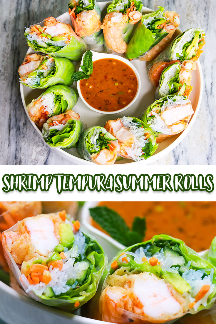 Crispy tempura-battered shrimp encased in a tender rice paper wrap, filled with fresh vegetables, herbs, and vermicelli rice noodles. Served with an intensely-flavored, garlic and ginger tahini sauce -- seasoned with spicy chili crisp, scallions, and fresh lime. #summerrolls #shrimpsummerrolls #shrimptempurarolls #shrimptempurasummerrolls #summerrollsrecipe #tempurashrimpspringrolls #tempurashrimprolls #shrimptempuraspringrolls #carnaldish