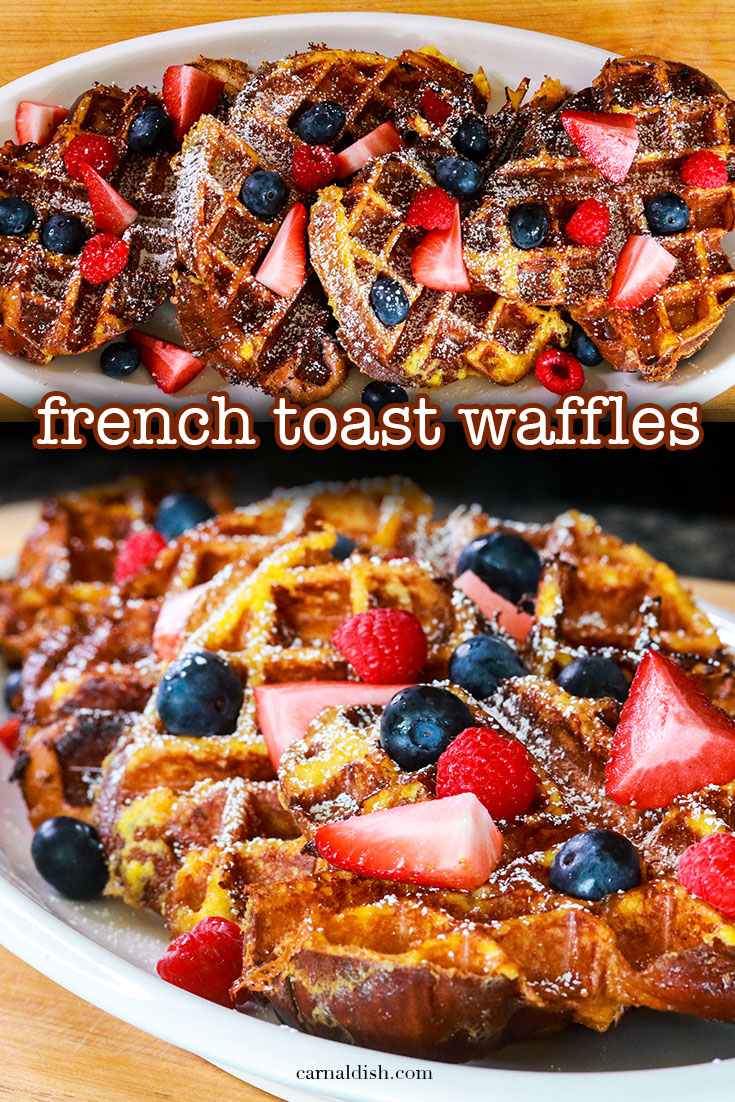 Challah French Toast Waffles! Why not combine the best two breakfast/brunch items into one? These custardy, moist, and crispy waffles start out as french toast but then they get those signature waffle pockets for butter and syrup! Hell yes. #carnaldish #frenchtoastwaffles #frenchtoast #challahfrenchtoastwaffles #challahfrenchtoast #challahwaffles #waffles #brunch #breakfast #recipes #howtocook